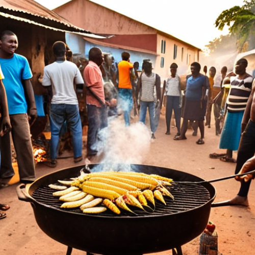 Home 15 **
Prompt: A vibrant street scene in Bissau. Focus on a vendor grilling fresh barracuda over charcoal. People are gathered around, some eating from plates with *cachupa* (corn and beans) on the side. Smoke and activity fill the air. Golden hour lighting.
**