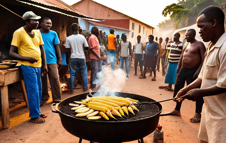 **
Prompt: A vibrant street scene in Bissau. Focus on a vendor grilling fresh barracuda over charcoal. People are gathered around, some eating from plates with *cachupa* (corn and beans) on the side. Smoke and activity fill the air. Golden hour lighting.
**