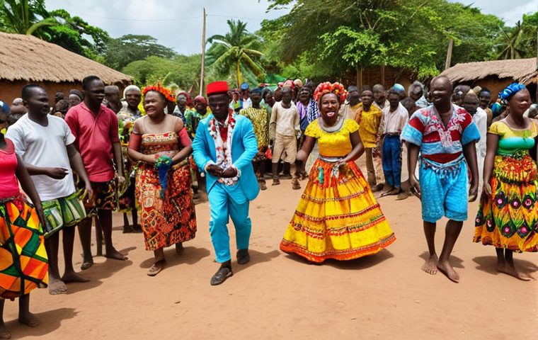 **
"Guinea-Bissau wedding ceremony, traditional dance, colorful clothing, joyful celebration, villagers participating."
**