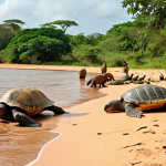 Orango National Park Wildlife**

Prompt: "African savanna landscape, Orango National Park, Guinea-Bissau. A diverse array of wildlife: sea turtles on the beach, crocodiles in a river, colorful birds in trees, monkeys swinging. Lush greenery, natural habitat, sunny day. Wildlife safari, National Geographic photography style."

**