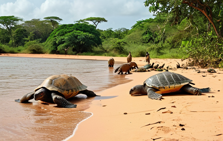 Orango National Park Wildlife**
Prompt: "African savanna landscape, Orango National Park, Guinea-Bissau. A diverse array of wildlife: sea turtles on the beach, crocodiles in a river, colorful birds in trees, monkeys swinging. Lush greenery, natural habitat, sunny day. Wildlife safari, National Geographic photography style."
**
