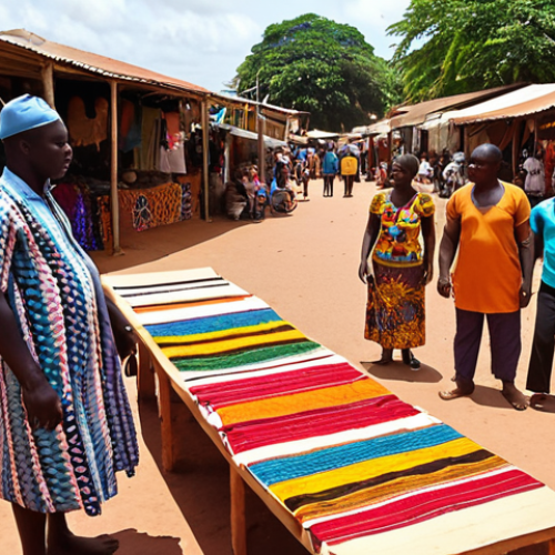 **A vibrant marketplace in Bissau, Guinea-Bissau, showcasing local crafts, fabrics, and fresh produce.  People are interacting, showcasing the city's lively culture.  Warm, sunny lighting.** (This prompt emphasizes the cultural aspect of Bissau)