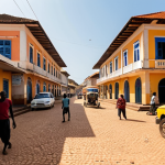 **"First Steps in Bissau: A Vibrant Arrival"**
    A wide-angle, hyper-realistic shot capturing the essence of arrival in Bissau. The small, functional Osvaldo Vieira International Airport is visible in the foreground, with friendly local taxi drivers waiting. The scene immediately transitions into the city's lively, warm atmosphere: narrow streets lined with old, slightly dilapidated Portuguese colonial buildings in vibrant hues, bustling with people, children playing, and the palpable energy of everyday life. The air is warm and humid, perhaps with a hint of exotic smells. Sunlight casts strong, golden African light. The overall mood is one of discovery, welcoming chaos, and authentic cultural immersion, as a Turkish traveler steps into this new, captivating world.