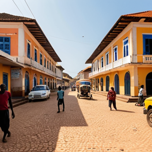 **"First Steps in Bissau: A Vibrant Arrival"**
    A wide-angle, hyper-realistic shot capturing the essence of arrival in Bissau. The small, functional Osvaldo Vieira International Airport is visible in the foreground, with friendly local taxi drivers waiting. The scene immediately transitions into the city's lively, warm atmosphere: narrow streets lined with old, slightly dilapidated Portuguese colonial buildings in vibrant hues, bustling with people, children playing, and the palpable energy of everyday life. The air is warm and humid, perhaps with a hint of exotic smells. Sunlight casts strong, golden African light. The overall mood is one of discovery, welcoming chaos, and authentic cultural immersion, as a Turkish traveler steps into this new, captivating world.