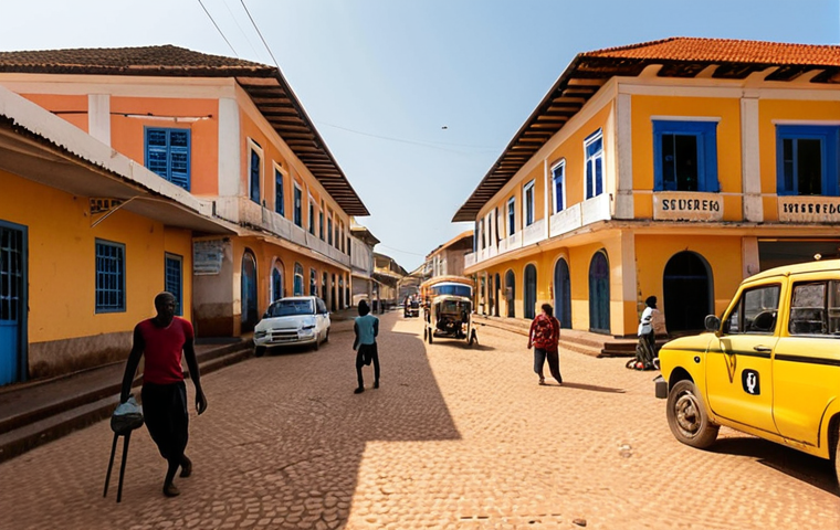 **"First Steps in Bissau: A Vibrant Arrival"**
    A wide-angle, hyper-realistic shot capturing the essence of arrival in Bissau. The small, functional Osvaldo Vieira International Airport is visible in the foreground, with friendly local taxi drivers waiting. The scene immediately transitions into the city's lively, warm atmosphere: narrow streets lined with old, slightly dilapidated Portuguese colonial buildings in vibrant hues, bustling with people, children playing, and the palpable energy of everyday life. The air is warm and humid, perhaps with a hint of exotic smells. Sunlight casts strong, golden African light. The overall mood is one of discovery, welcoming chaos, and authentic cultural immersion, as a Turkish traveler steps into this new, captivating world.