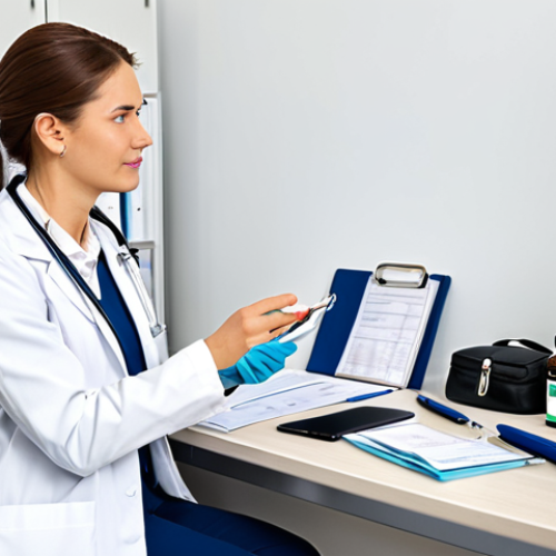 A responsible traveler, a man or woman, in comfortable, modest clothing, consulting with a doctor in a modern, clean medical office. They are discussing a travel health plan, with a small first-aid kit and travel documents visible on the desk. The atmosphere is professional and reassuring. The subject has perfect anatomy, correct proportions, well-formed hands, and a natural pose. This image is fully clothed, appropriate attire, safe for work, professional, appropriate content, and family-friendly. High quality, professional photography.