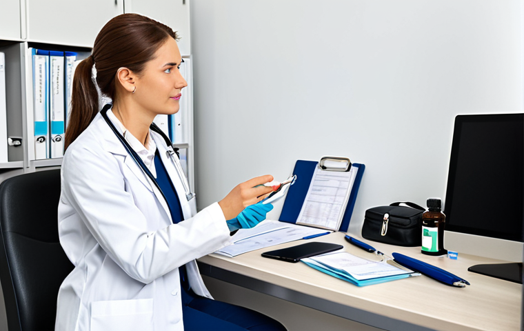 A responsible traveler, a man or woman, in comfortable, modest clothing, consulting with a doctor in a modern, clean medical office. They are discussing a travel health plan, with a small first-aid kit and travel documents visible on the desk. The atmosphere is professional and reassuring. The subject has perfect anatomy, correct proportions, well-formed hands, and a natural pose. This image is fully clothed, appropriate attire, safe for work, professional, appropriate content, and family-friendly. High quality, professional photography.
