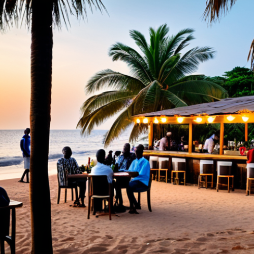 Lively Beach Bar Scene**

"A bustling beach bar in Guinea-Bissau at sunset, fully clothed patrons enjoying drinks and conversation, appropriate attire, safe for work, palm trees swaying, ocean view, perfect anatomy, natural proportions, professional photography, high quality, family-friendly."

**