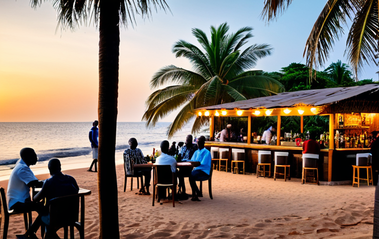Lively Beach Bar Scene**

"A bustling beach bar in Guinea-Bissau at sunset, fully clothed patrons enjoying drinks and conversation, appropriate attire, safe for work, palm trees swaying, ocean view, perfect anatomy, natural proportions, professional photography, high quality, family-friendly."

**