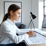 기니비사우 비자 발급 절차 - A professional architect in a modern, light-filled office, reviewing blueprints. She's wearing a mod...