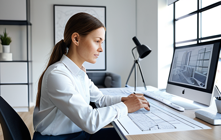기니비사우 비자 발급 절차 - A professional architect in a modern, light-filled office, reviewing blueprints. She's wearing a mod...