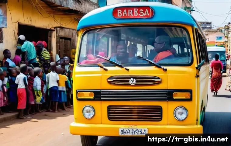 기니비사우에서 교통비와 이동 수단 비교 - **Vibrant Bissau Toca-Toca Ride:** A lively, dynamic shot of a colorful "toca-toca" (minibus) in Bis...